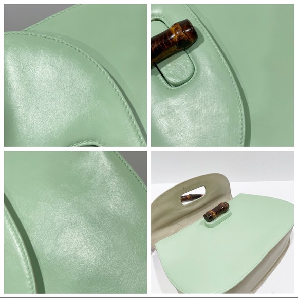 ❤️SOLD❤️Gucci mint green and off white leather vintage bamboo top handle bag - Picture 8 of 12